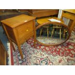 A VINTAGE OAK SEWING/WORK BOX TOGETHER WITH A LARGE OVAL MIRROR