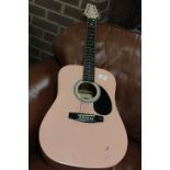 A PINK STAGG ACOUSTIC GUITAR WITH CARRY CASE