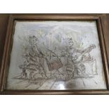 A GILT FRAMED AND GLAZED MIXED MEDIA COMICAL CHARACRATURE OF TWO CATS PLAYING MUSICAL INSTRUMENTS