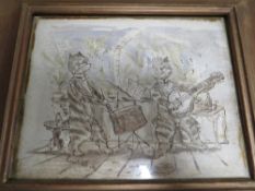 A GILT FRAMED AND GLAZED MIXED MEDIA COMICAL CHARACRATURE OF TWO CATS PLAYING MUSICAL INSTRUMENTS