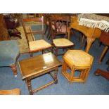 A SMALL OAK STOOL, BAMBOO NEST OF TABLES AND TWO EDWARDIAN CHAIRS (4)