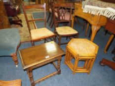 A SMALL OAK STOOL, BAMBOO NEST OF TABLES AND TWO EDWARDIAN CHAIRS (4)