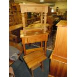 A HONEY PINE SIDE TABLE WITH ANOTHER SMALLER EXAMPLE AND A STOOL (3)