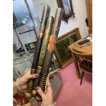 A SET OF THREE VICTORIAN LIGNUM VITAE POLICE TRUNCHEONS - HANDPAINTED WITH ROYAL CREST, CROWN AND