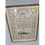 A ANTIQUE SAMPLER CHARTING THE CHILDREN OF WILLIAM AND ELIZABETH BAKER FROM 1810 -1824