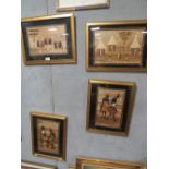 FOUR GILT FRAMED AND GLAZED AFRICAN MIXED MEDIA TRIBAL AND VILLAGE SCENES