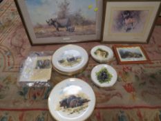 THREE FRAMED AND GLAZED DAVID SHEPHERD PRINTS TO INCLUDE SIGNED EXAMPLE TOGETHER WITH A SELECTION OF