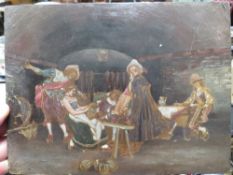 SMALL OIL ON PANEL POSSIBLY OVER A PRINT BASE OF A DRUNKEN TAVERN SCENE