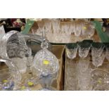 THREE TRAYS OF ASSORTED CUT GLASS ETC TO INCLUDE A BASKET ETC