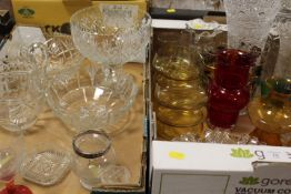 TWO TRAYS OF ASSORTED CUT AND COLOURED GLASS TO INCLUDE A DECANTER AND A FOOTED BOWL
