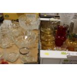 TWO TRAYS OF ASSORTED CUT AND COLOURED GLASS TO INCLUDE A DECANTER AND A FOOTED BOWL