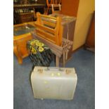 A VINTAGE PACKING TRUNK PLANTER, MAGAZINE RACK, CAST RACK, PLANTER AND SHERWOOD ELECTRIC SEWING