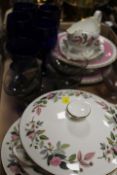 A TRAY OF CERAMICS AND GLASS TO INCLUDE WEDGWOOD TUREEN ETC
