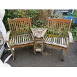 A WOODEN JOINED TWIN CHAIR SET WITH PARASOL STAND