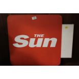 A VINTAGE DOUBLE SIDED METAL SIGN FOR 'THE SUN'