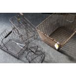 FOUR VINTAGE WIRE WORK BASKETS TO INCLUDE A EIGHT SECTION BOTTLE CARRIER