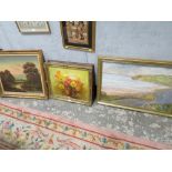 THREE GILT FRAMED OIL ON CANVAS TO INCLUDE A STILL LIFE STUDY