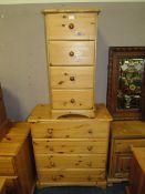 A MODERN HONEY PINE FOUR DRAWER CHEST AND A SMALLER CHEST (2)