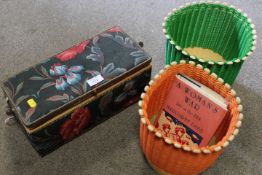 A VINTAGE SEWING BOX AND CONTENTS TOGETHER WITH TWO RETRO PLASTIC PLANTERS