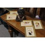 A VINTAGE HAPPY JOE MONEY BANK TOGETHER WITH FOUR FRAMED SILKS