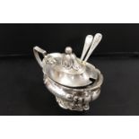 A LATE 19TH CENTURY SILVER MUSTARD POT AND SPOONS