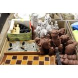 A TRAY OF ASSORTED CHESS PIECES AND CHESS BOARDS