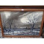 A LARGE ATMOSPHERIC OIL ON BOARD OF A MOON LIT WINTER SCENE INITIALED LOWER RIGHT CB