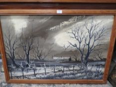 A LARGE ATMOSPHERIC OIL ON BOARD OF A MOON LIT WINTER SCENE INITIALED LOWER RIGHT CB