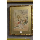 A BAMBOO STYLE GILT FRAMED AND GLAZED JAPANESE BLOCK PRINT OF A LADY AND HER TWO ASSISTANTS