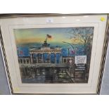 A FRAMED AND GLAZED WATER COLOUR OF THE BRANDENBURG GATE INDISTINCTLY SIGNED LOWER LEFT