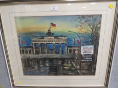 A FRAMED AND GLAZED WATER COLOUR OF THE BRANDENBURG GATE INDISTINCTLY SIGNED LOWER LEFT