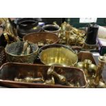 TWO TRAYS OF ASSORTED METAL WARE TO INCLUDE VINTAGE MINERS LAMP, BRASS CANDLESTICKS ETC