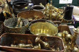 TWO TRAYS OF ASSORTED METAL WARE TO INCLUDE VINTAGE MINERS LAMP, BRASS CANDLESTICKS ETC
