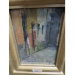 A SMALL FRAMED AND GLAZED OIL ON BOARD OF A IMPRESSIONIST STREET SCENE ENTITLED MANCHESTER 99 SIGNED