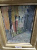 A SMALL FRAMED AND GLAZED OIL ON BOARD OF A IMPRESSIONIST STREET SCENE ENTITLED MANCHESTER 99 SIGNED