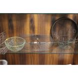 A COLLECTION OF VINTAGE WIREWORK GARDEN PLANTERS ETC TO INCLUDE A RIDDLE, HANGING BASKET ETC