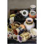TWO TRAYS OF ASSORTED VASES ETC TO INCLUDE A MOORCROFT STYLE EXAMPLE