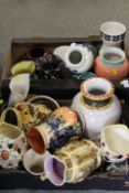 TWO TRAYS OF ASSORTED VASES ETC TO INCLUDE A MOORCROFT STYLE EXAMPLE