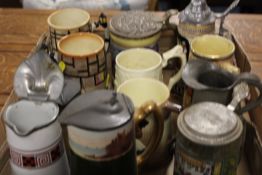 A TRAY OF COLLECTABLE TANKARDS AND STEINS TO INCLUDE A MUSICAL EXAMPLE