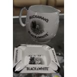 A VINTAGE BLACK AND WHITE WHISKY "ASK FOR IT " JUG AND MATCHING ASHTRAY