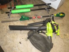 A GARDEN LEAF BLOWER VACUUM WITH A QUALCAST CORDLESS EXTENSION TRIMMER AND A SET OF CAR ROOF RACKS