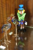 A MURANO STYLE GLASS CLOWN TOGETHER WITH TWO HAND-BLOWN GLASS HERON FIGURES