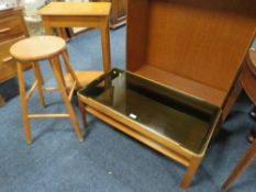 VINTAGE TEAK OCCASIONAL TABLE AND STOOL TOGETHER WITH AN OAK OCCASIONAL TABLE (3)