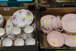 A TRAY CONTAINING ROYAL ALBERT PETIT POINT CUPS AND SAUCERS ELIZABETHAN GAME CARD COFFEE TRIOS ETC