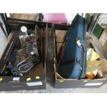 TWO TRAYS CONTAINING VARIOUS MUSICAL INSTRUMENTS, ECHO CHAMBER, COLLECTABLES, GAELIC FOOTBALL SHIRT,