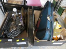 TWO TRAYS CONTAINING VARIOUS MUSICAL INSTRUMENTS, ECHO CHAMBER, COLLECTABLES, GAELIC FOOTBALL SHIRT,