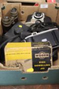 TRAY OF VINTAGE CAMERAS, BINOCULARS ETC TO INCLUDE A WOODEN HEX190 GOWLING JIG