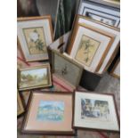 A TRAY OF ASSORTED FRAMED PICTURES AND PRINTS ETC