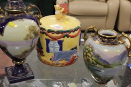 TWO ANTIQUE GILT VASES WITH HAND-PAINTED DETAIL TOGETHER WITH WINNIE THE POOH CRACKER BARREL A/F