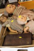 THREE ANTIQUE DOLLS AND A BAG